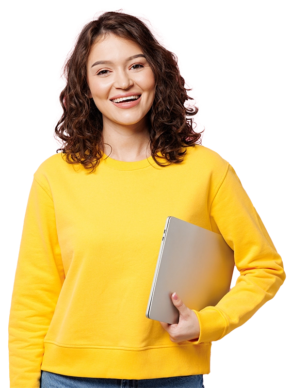 A woman holding a laptop.
